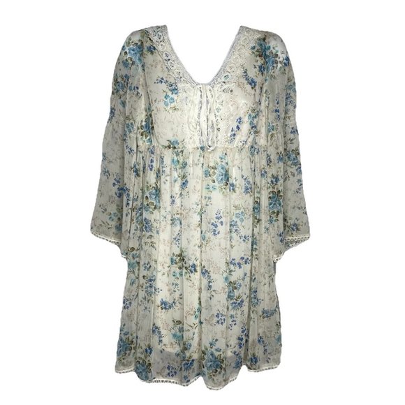 Olive Des Olive Sheer Ivory White Blue Floral Overlay 3/4 Bell Sleeve Mi… - Picture 1 of 8